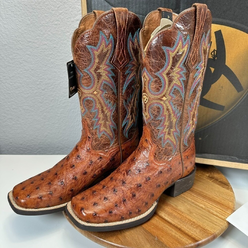 Ariat Tombstone Ostrich Print Western Cowboy Boots Premium Leather 5.5B NEW - Picture 2 of 13